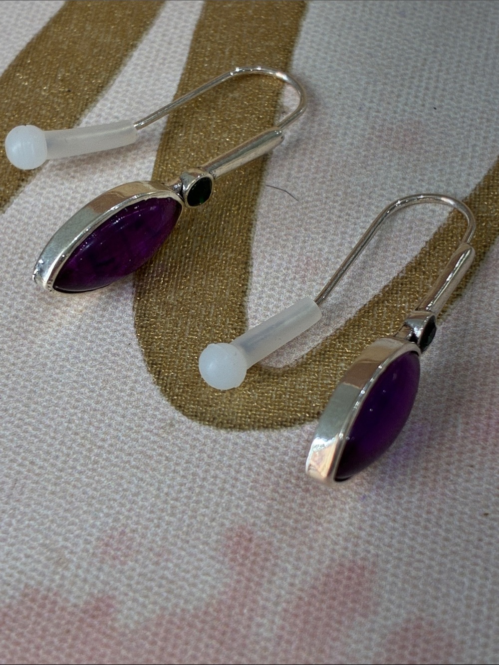 Silver Drop Earrings with Purple Marquise Look Stone
